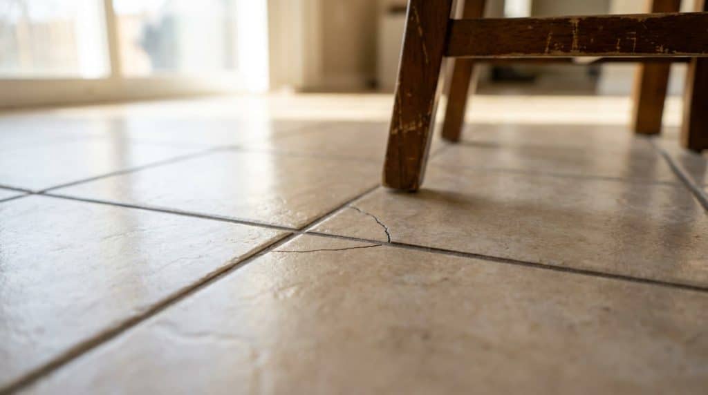 Carrelage beige avec fissure visible entre les carreaux