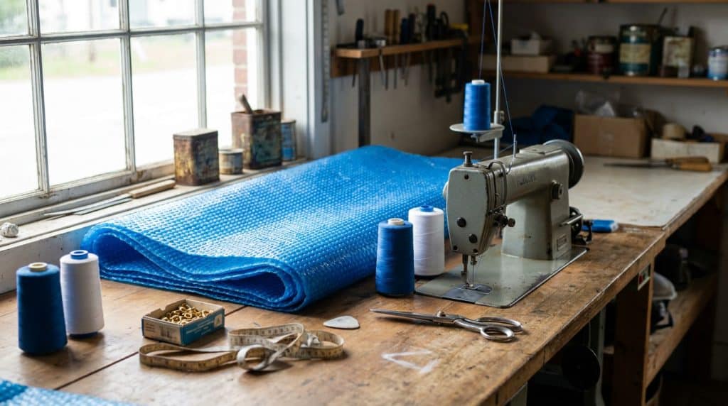 Bâche à bulle bleue avec machine à coudre et accessoires