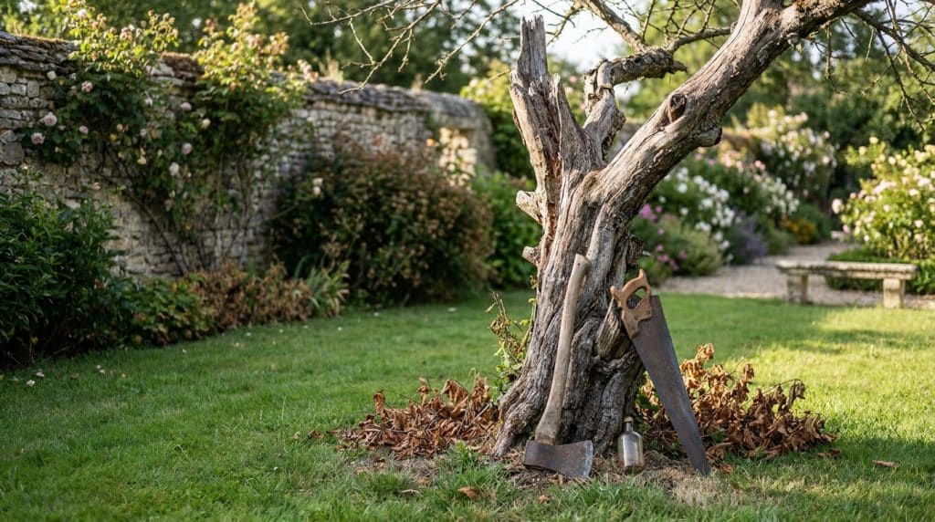 Souche d'arbre mort dans un jardin avec outils