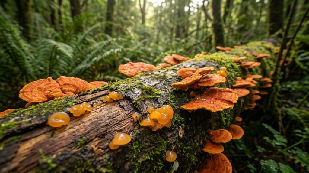 champignon orange sur bois mort