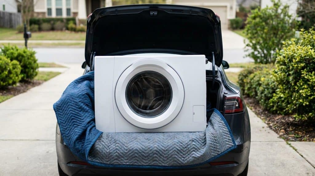 Machine a laver couchee dans un coffre de voiture pour transport