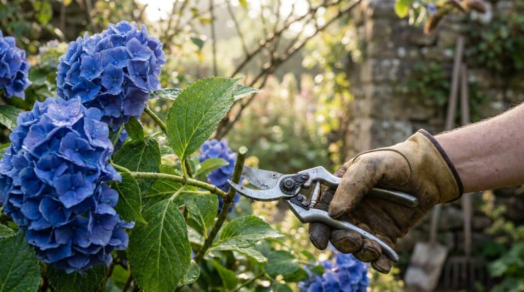 Mains gantees taillant un hortensia bleu au secateur