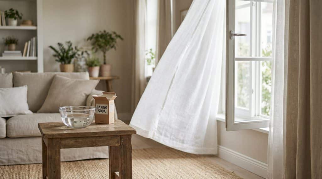 Salon aere avec fenetre ouverte, vinaigre blanc et bicarbonate